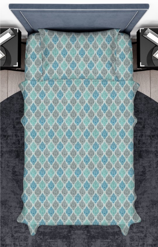 Aqua Damask Single Bedsheet Set with 1 Pillow cover and Bag
